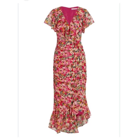 ASTR The Label Dresses & Skirts - ASTR The Label Dress Size M Vilma Floral Ruffle Ruched Midi Red Pink Floral Boho